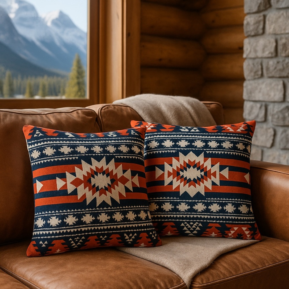 Set of 2 Aztec Cabin-core micro fiber zippered pillow covers 18 inches square